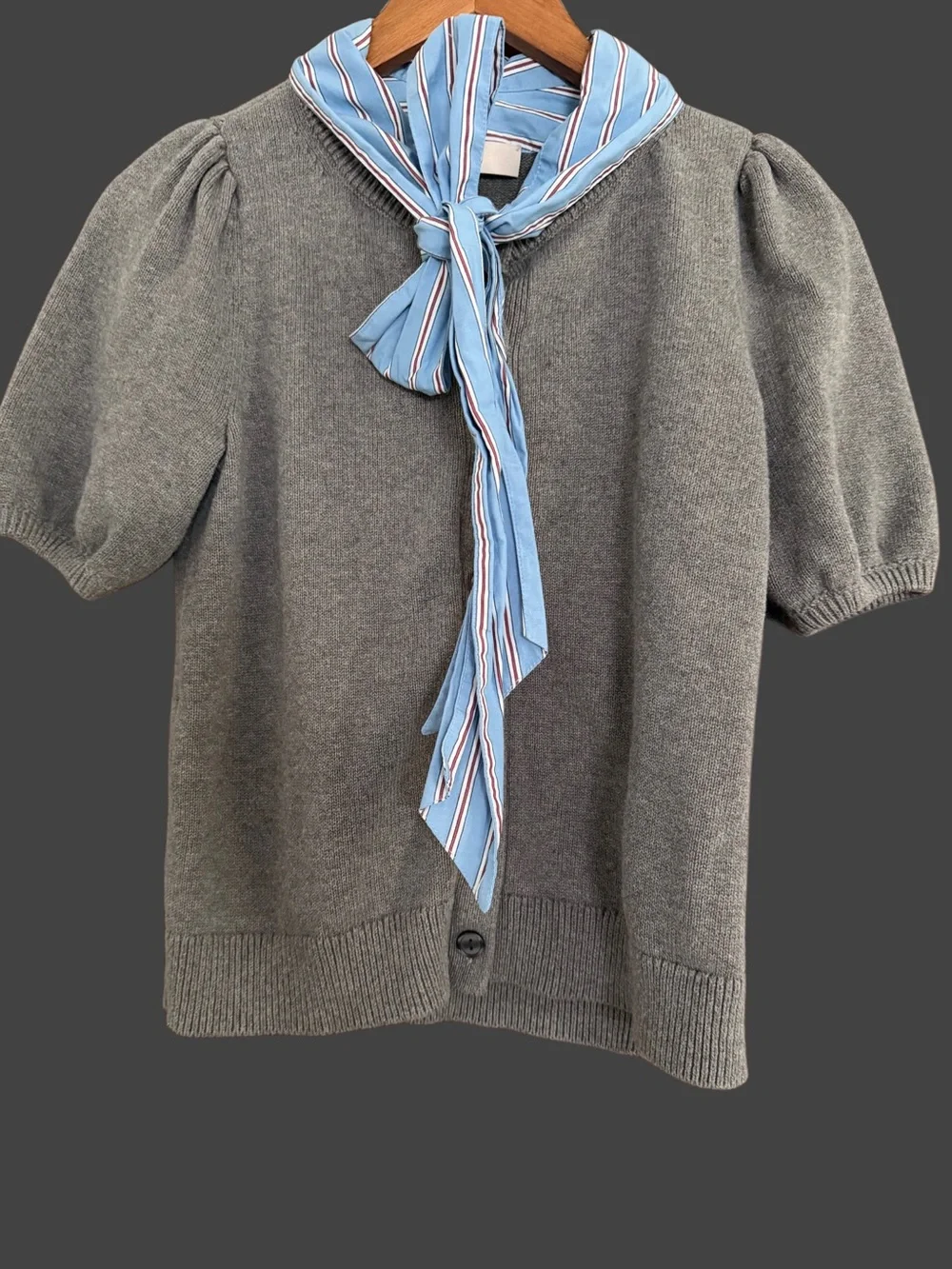 LOFT women’s Puff Sleeve Gray Knit Top with Blue Tie Collar
